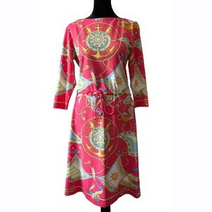 J. McLaughlin Marianne Nautical Scarf Print Dress Pink Gold Small Retro Mod‎ NEW